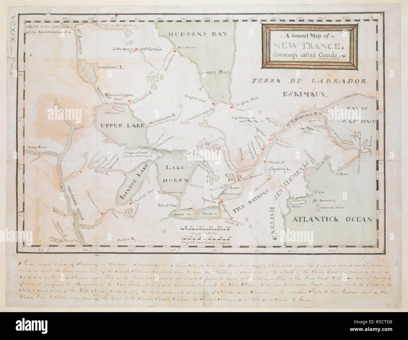 Eine Karte von Frankreich, die gemeinhin als Kanada. Eine Übersichtskarte der NEUEN FRANKREICH. Allgemein Kanada genannt. [Ort der Produktion nicht identifiziert]: [Produzenten nicht identifiziert], [ca. 1755 bis 1760]. Manuskript in Feder und Tusche mit Aquarell. Quelle: Karten K. Top. 119.7.1. Sprache: Englisch. Stockfoto