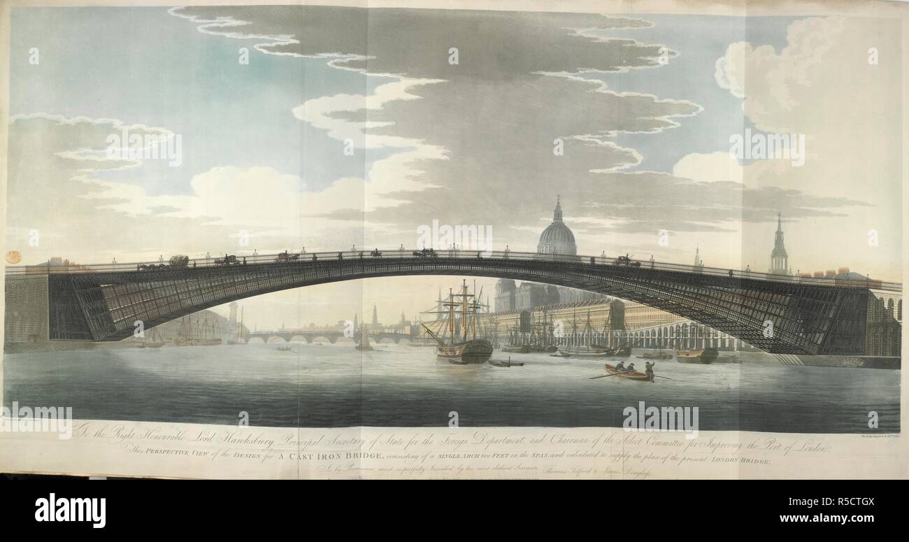 Perspektivische Ansicht des Design für einen gusseisernen Brücke, bestehend aus einem einzigen Bogen sechs hundert Fuß in der Zeitspanne, und berechnet die Stelle der heutigen London Bridge zu liefern. London, 1801. Quelle: Maps.K.. 22.36. o. Autor: MALTON, Thomas. Stockfoto