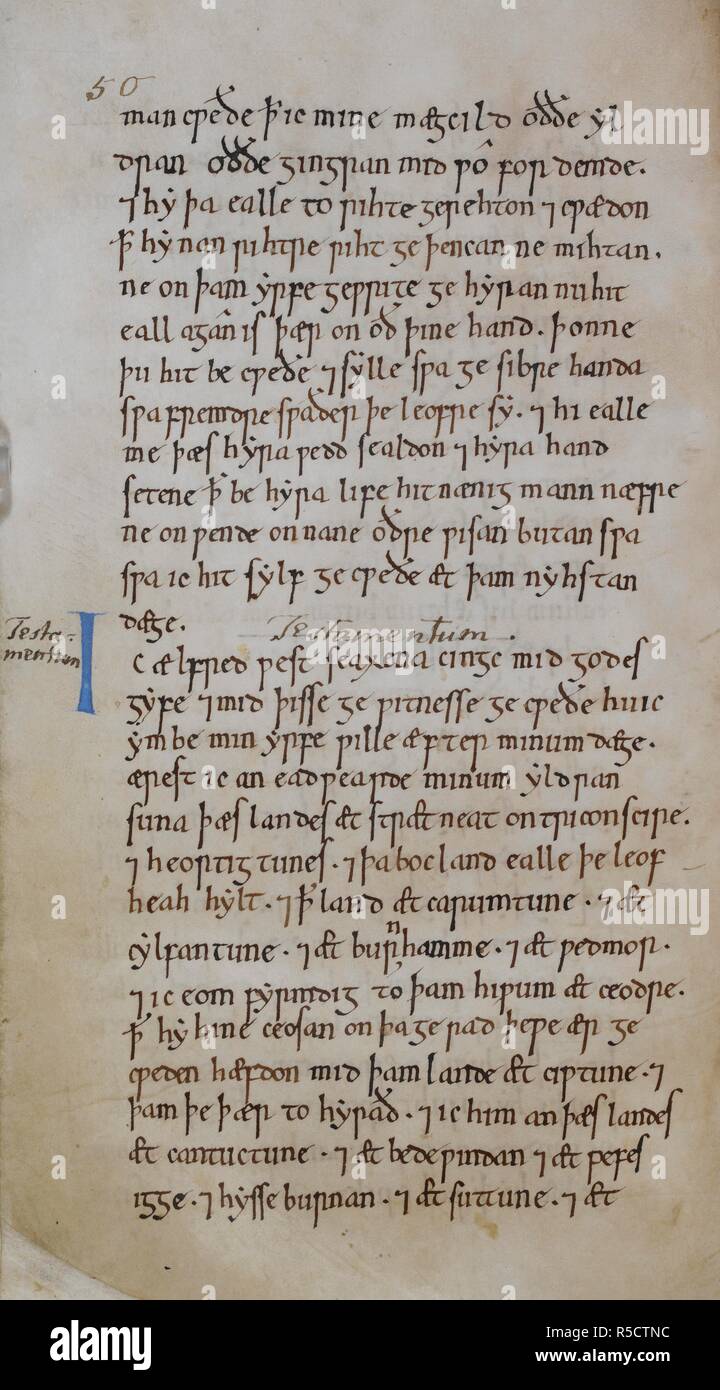 Teil von König Alfreds, beginnend in der Mitte der Seite 'Ic Ã † lfred Ã¾est seaxena cingc'. Der Wille des Königs Ã † lfred; mit Vorwort, Incipit: 'Ic Ã † lfred cingc Mitte godes gife" und explizit: "[s] ic-hit sylf ge [c eÃ°e]Ã ¦ t ¦ Ã¾am nyhstan Einrichtung ge". Das Incipit: 'Ic Ã † lfred Ã¾est seaxena cingc" und explizit: "[s] ge mich für gyfan [yllan]'. Von ff 29 v zu 33. . Neue Münster Liber vitae. Neue Münster, Winchester, circa 1031. Quelle: Stowe 944, f 30 v. Sprache: Angelsächsischen. Stockfoto
