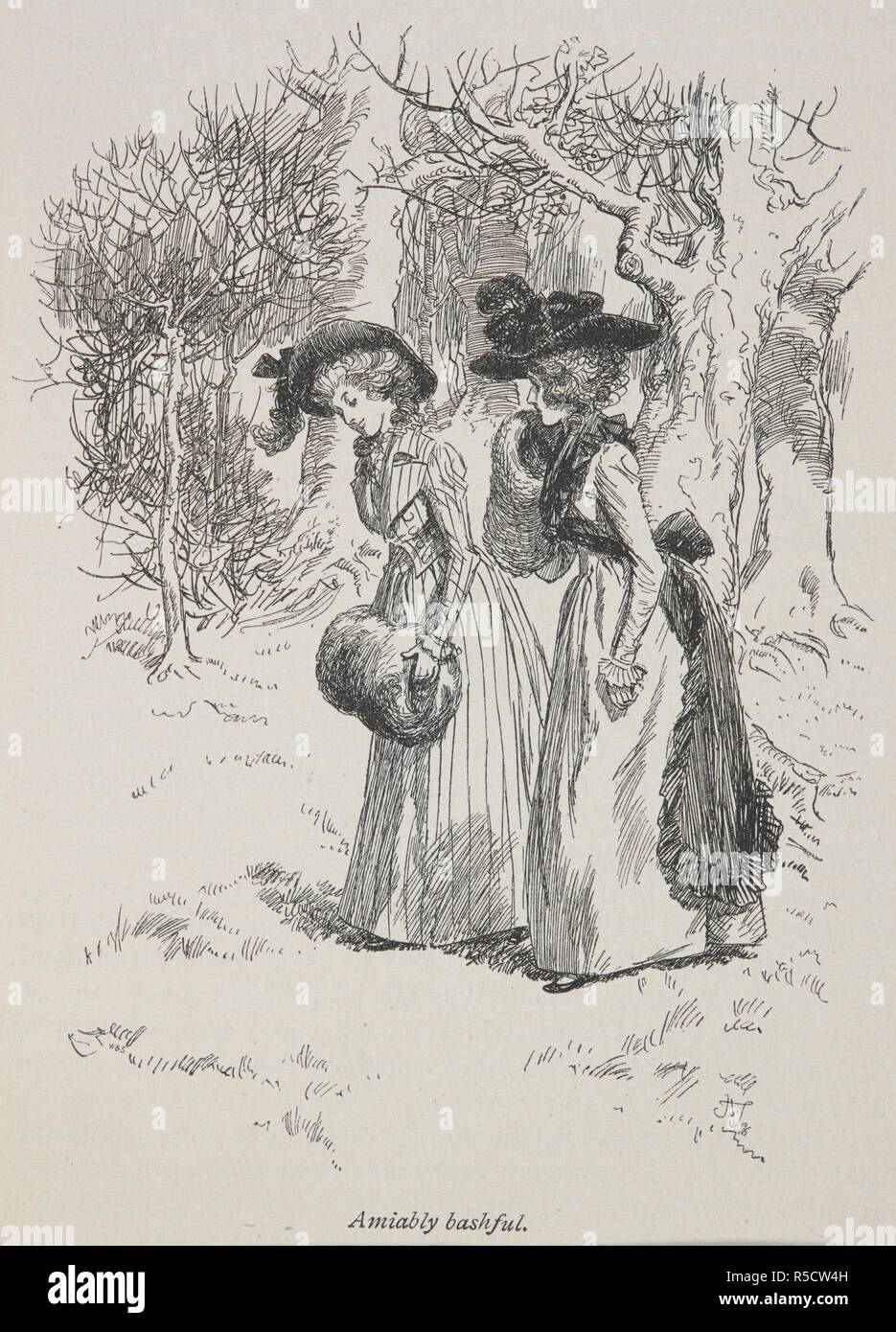 "Liebenswürdigen, schüchtern." Elinor Dashwood und Lucy Steele in ein Gespräch. Sinn und Sinnlichkeit/von Jane Austen; mit einer Einführung von Austin Dobson; durch Hugh Thomson dargestellt. London: Macmillan und Co., 1896. Quelle: 012624. g 5 gegenüberliegenden Seite 114. Stockfoto