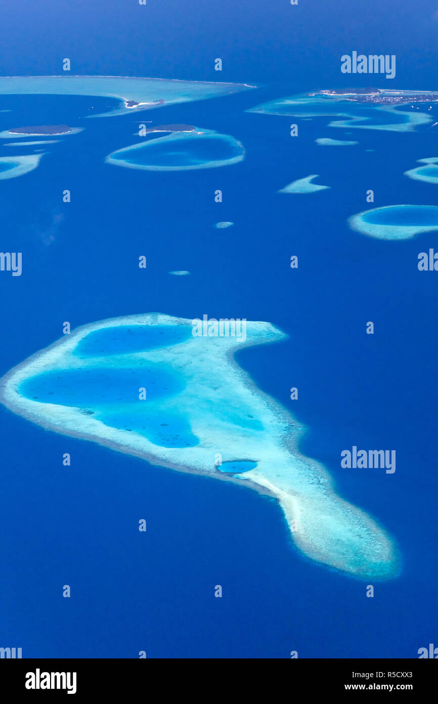 Malediven, Luftaufnahme von Inseln und Atollen Stockfoto