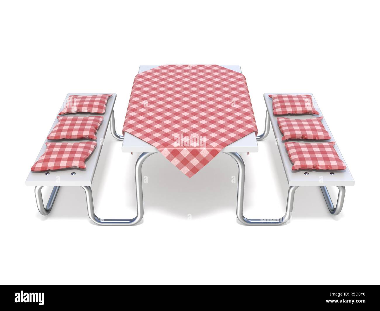 Picknick Tisch mit roten Tisch Decken und Kissen. 3D Stockfoto