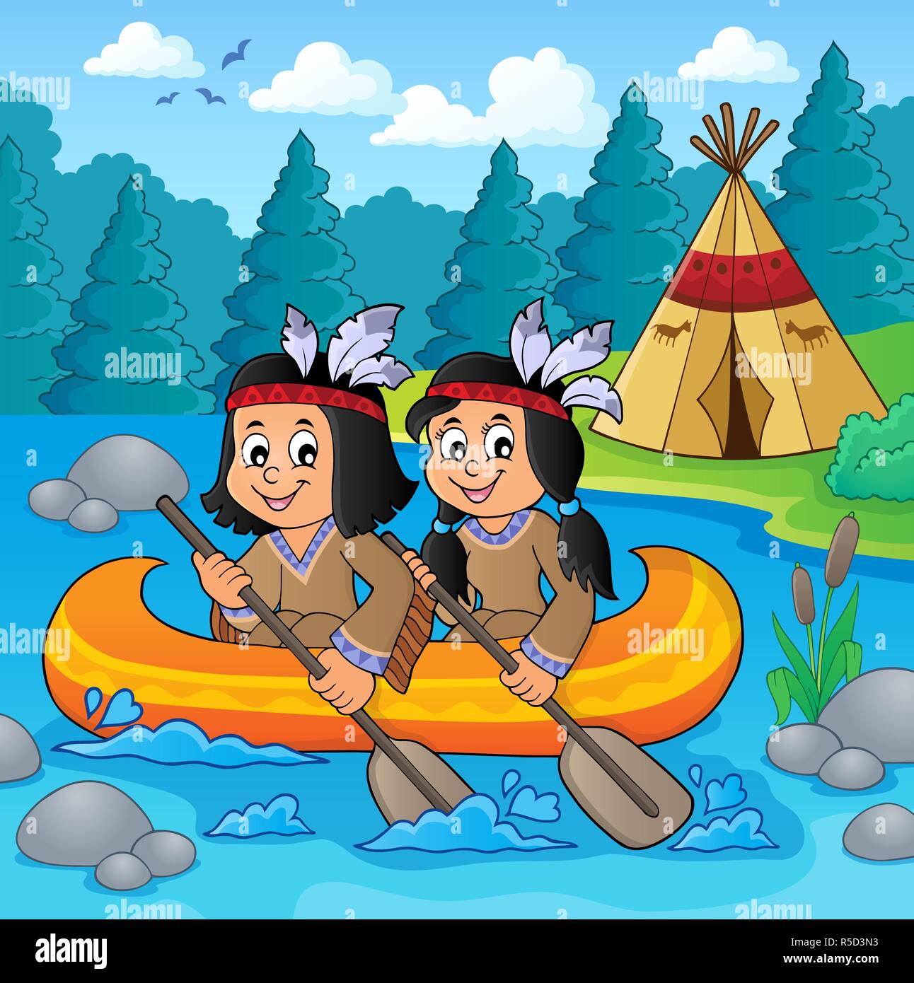 Native American Kinder im Boot Thema 2 Stockfoto