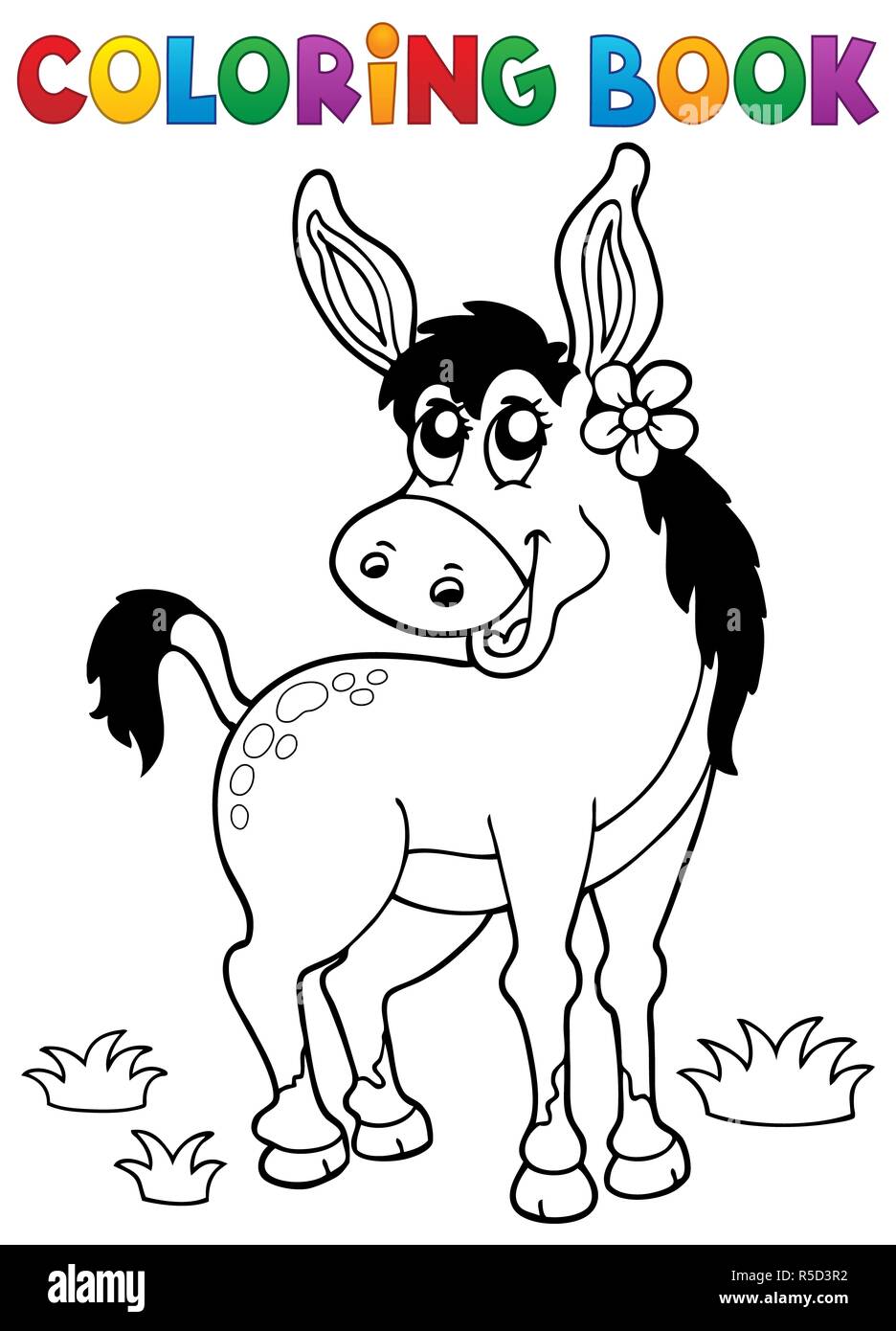 Malbuch Esel mit Blume Stockfoto