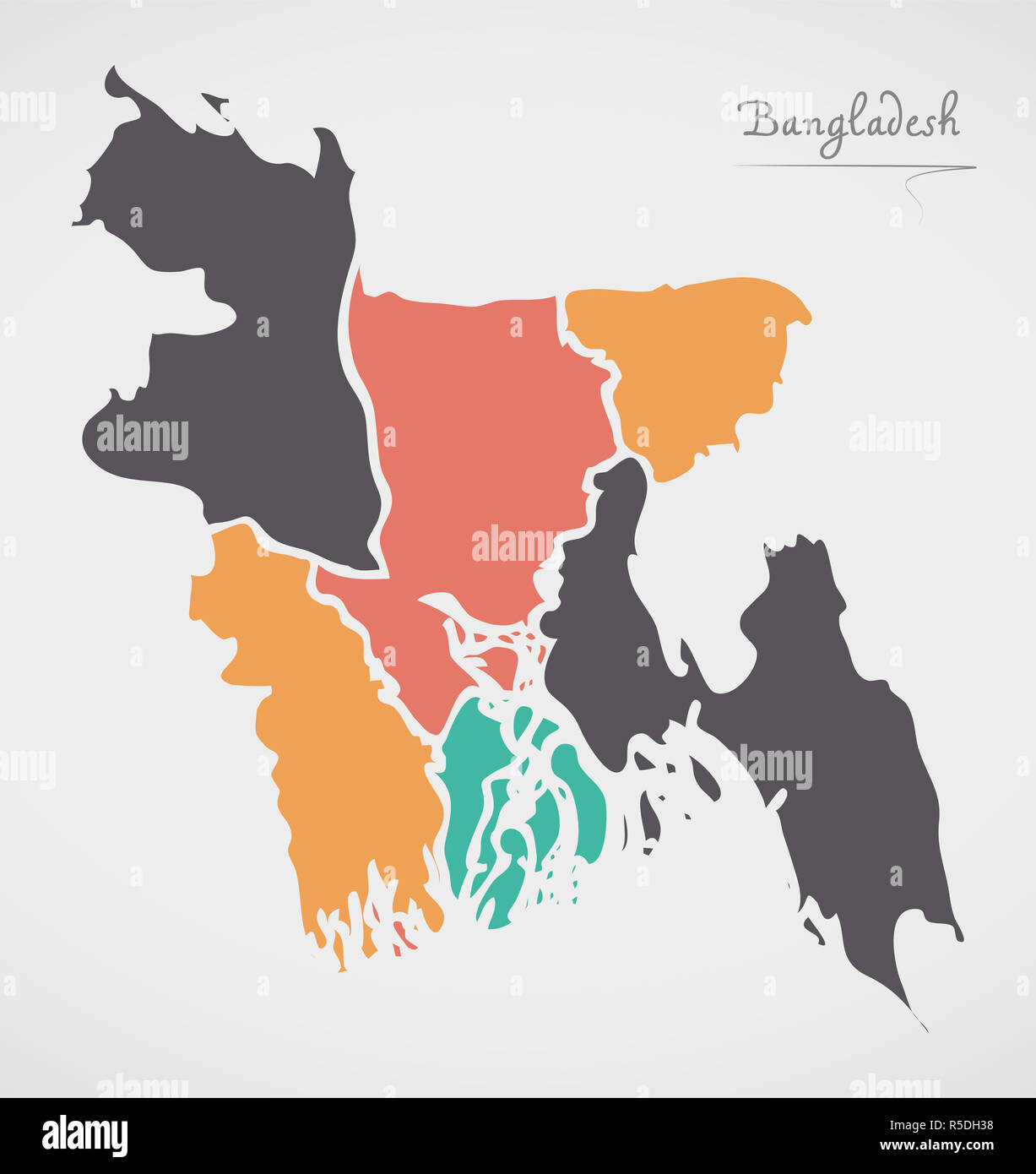 Bangladesch-Karte mit Staaten und moderne Runde Formen Stockfoto