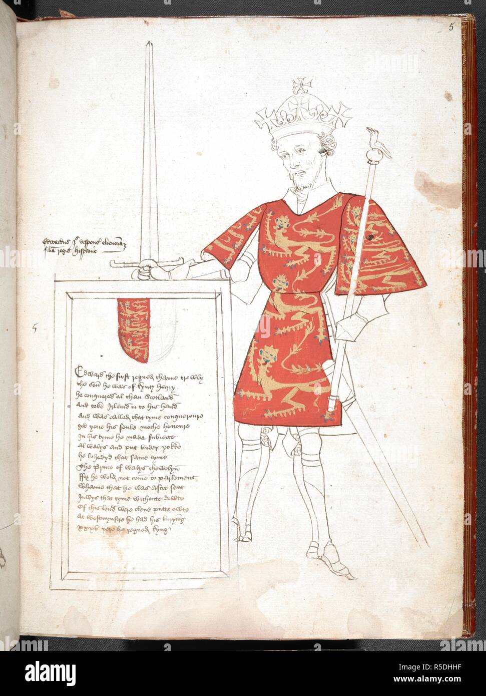 Farbige Zeichnung eines englischen König in der Rüstung und Waffenrock (Edward I), präsentiert eine Plakette mit den Versen. Unvollendet. Sir Thomas Holme Buch von Waffen: Anonyme Verse auf der Könige von England... (Teil 1 Folien 1 bis 8). England, S.E. (wahrscheinlich London); c. 1445 - C. 1450. Zahlreiche farbige Zeichnungen der englischen Könige in Rüstung und Waffenrock, präsentiert eine Plakette mit den Versen. Quelle: Harley4205 f 5. Sprache: Englisch. Gotische kursiv. Stockfoto