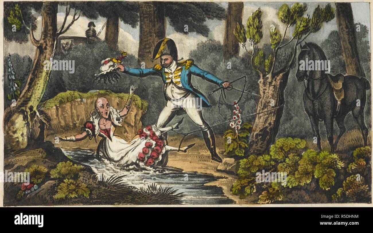 Ein Mann in Uniform, die versuchen, eine Frau aus einem Teich zu retten, sie ziehen ihre Perücke, offenbart ihr zu kahl. Evelina... [Von Frances Burney.] verschönert und mit einer Reihe von humorvollen farbigen Gravuren, die von der ersten Künstler illustriert. London: Jones & Co., 1822. Quelle: C.71.e., 27., 179. Stockfoto