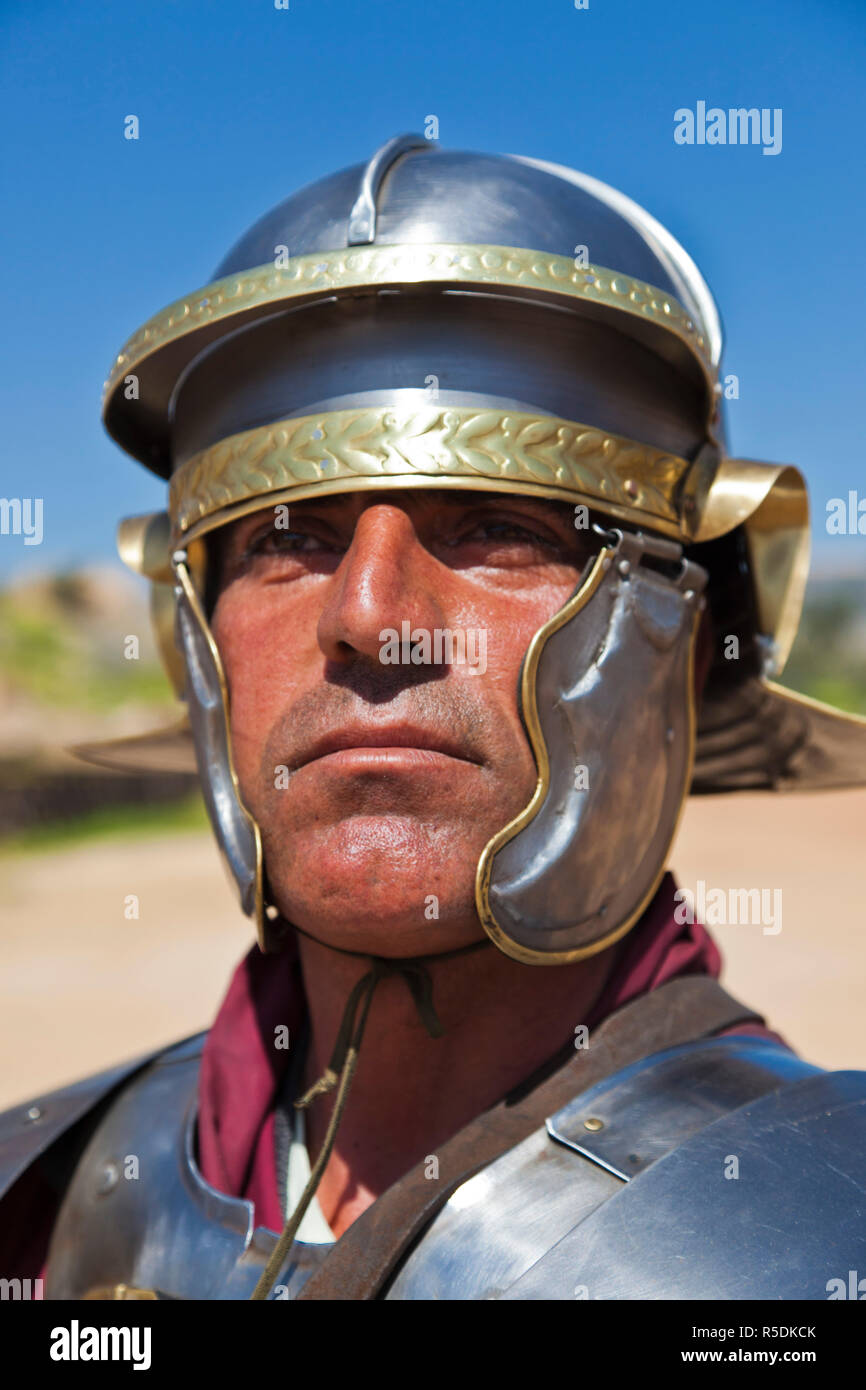 Jordanien, Jerash, römische Armee und Wagen Erfahrung, römische Ära militärischer zeigen, Hauptmann Stockfoto