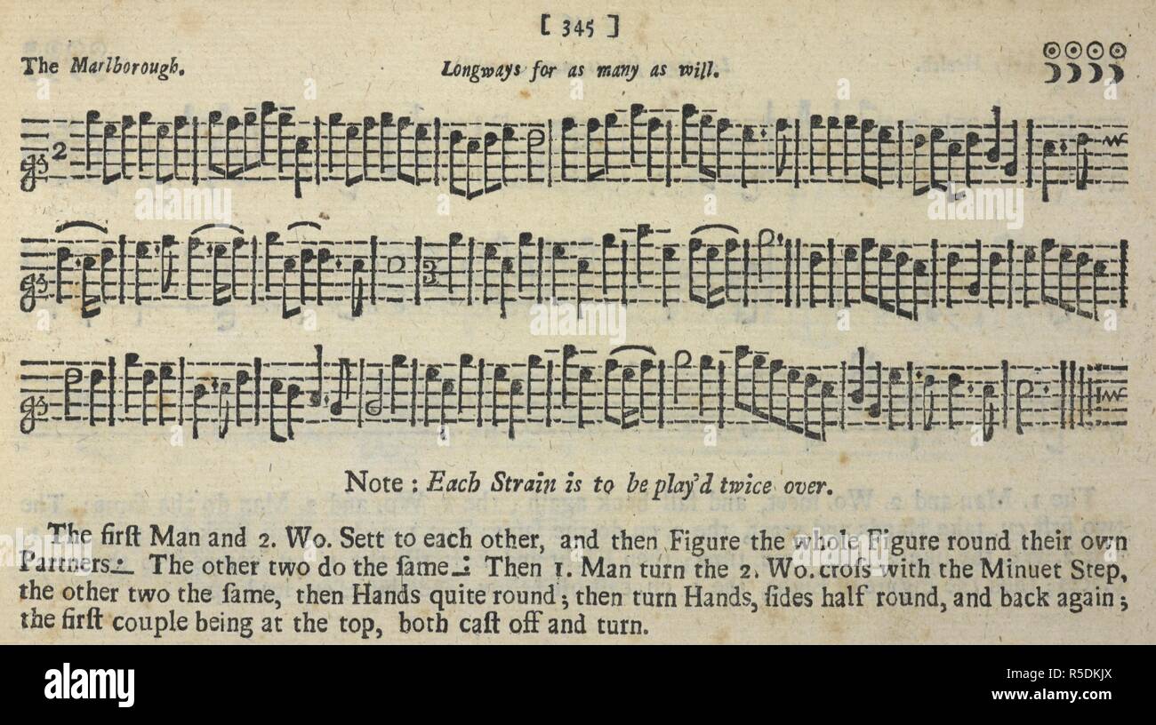 Eine Musik, und die Richtungen für einen Tanz. [Die Tanzmeister; oder, schlicht und einfac Regeln für das Tanzen der Country Dances, mit der Melodie zu jedem Tanz auf den Höhen Violine gespielt zu werden. Die zweite Ausgabe, erweitert und korrigiert, etc. [Mit einem Vorwort unterzeichnet: J.P., d. h. John playford.]]., S. 358. Gedruckt von W. Pearson; von John Young: London, 1721 verkauft. Quelle: K.1. b.6, Seite 345. Sprache: Englisch. Stockfoto