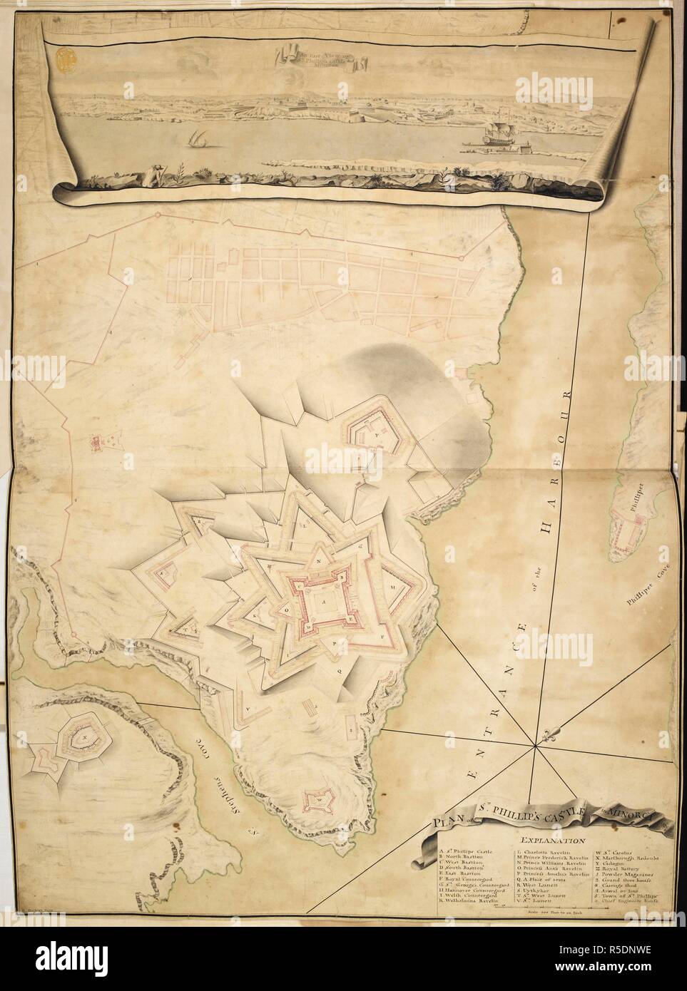 Ein Manuskript Karte zeigt den Zustand der Befestigungen von Menorca in 1725-1726. Planen von ST. PHILLIP'S CASTLE in Menorca 1725/6. [Menorca?]: H. Herbert Fecit, 1725-1726. Quelle: Karten K. Top. 74.25. Sprache: Englisch. Stockfoto