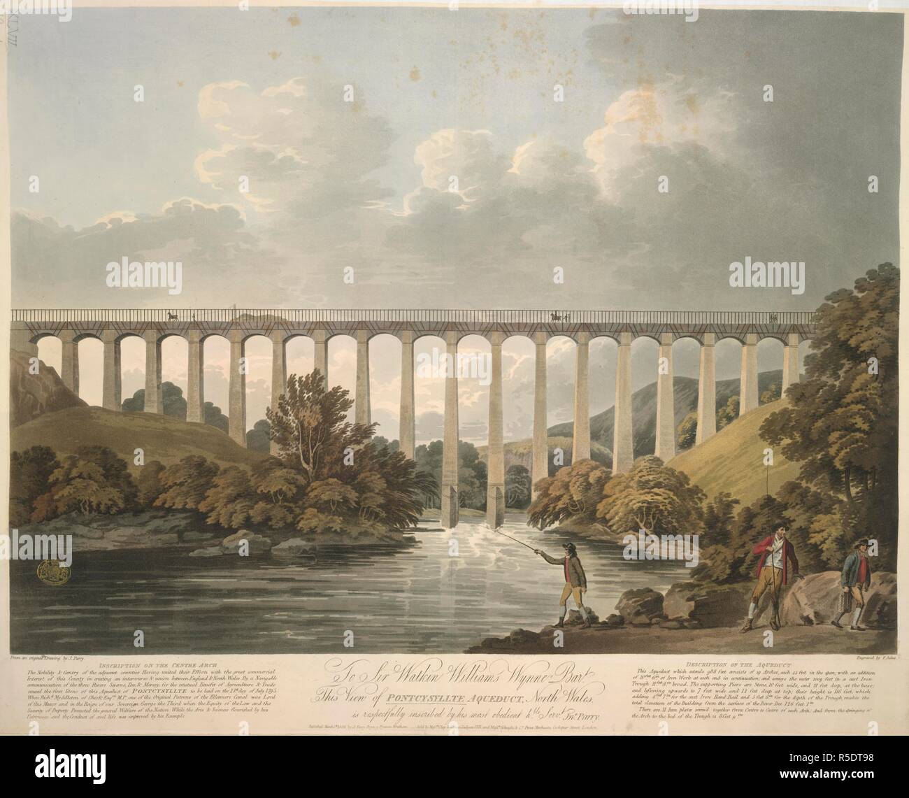 Zahlen und Pferde die Pontcysyllte Aquädukt überquert in Wales; zahlen Angeln im Vordergrund; Bäume in der gesamten Szene; Berge in der Ferne. Sir Watkin Williams Wynne Bart Dieser Ansicht von PONTCYSYLLTE AQUEDUCT, North Wales: Ist respektvoll eingeschrieben, die von seinem Gehorsam Servt Joh Parry. [Bryn y Fynnon, Wrexham]: 1. März 1806, veröffentlicht von J. Parry, Bryn y Fynnon, Wrexham, [1. März 1806] verkauft von den Herren Ton & Scriven Ludgate Hill und die Herren Colnaghi & Co Print Kaufleute, Cockspur Street, London. Aquatinta und Ätzen mit hand-Färbung. Quelle: Karten K. Top. 46.64.1. ein. Sprache: en Stockfoto