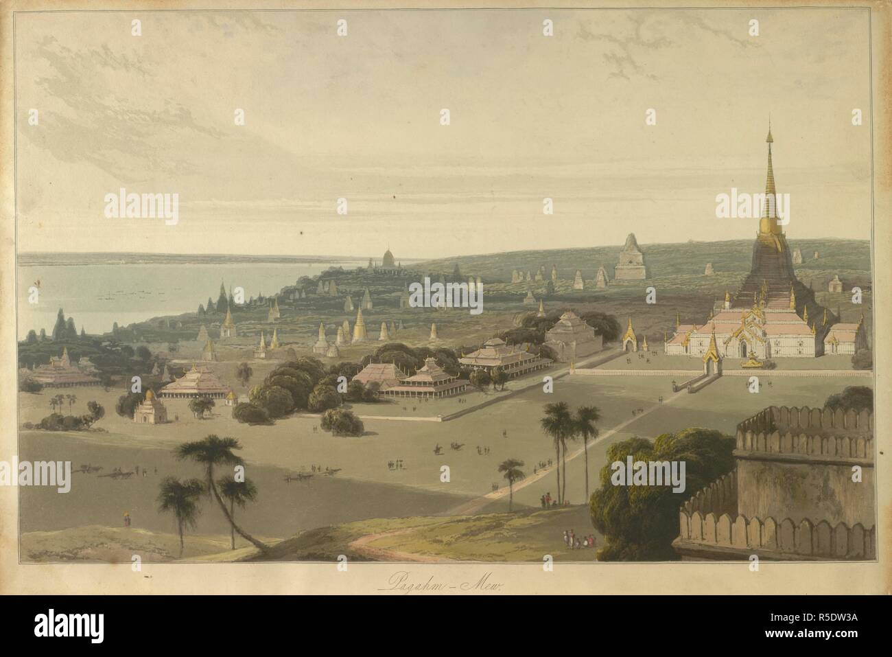 Pagahm Mew. Diese Ansicht zeigt eine Sammlung von Ruinen neben dem Ayeyarwaddy (Irrawaddy) Fluss. Es gibt Stupas und Tempeln, große und kleine. Beschreibung einer Reihe von Ansichten in der Burman Empire. London, [1830?]. Farbige Aquatinta. Quelle: X 746 (10). Sprache: Englisch. Autor: DANIELL, WILLIAM. Stockfoto