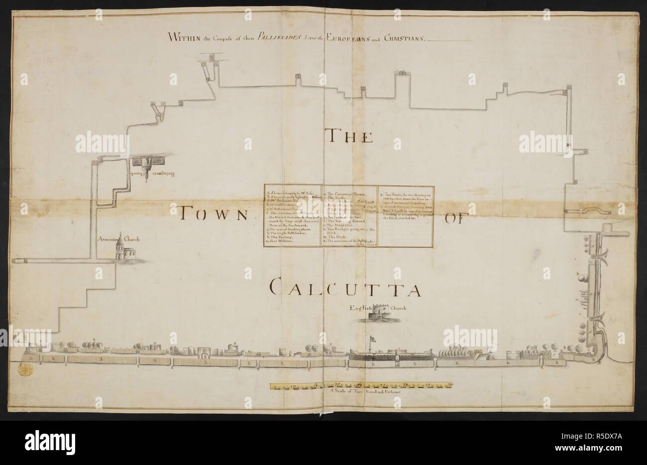 Einen Plan oder aus der Vogelperspektive, die Teil von Kalkutta innerhalb der Kompass des Palisades, darin leben die Europäer und Christen, mit einem Tisch erweist die Insassen der Gebäude; 1742, Foresti und Ollifres, auf einer Skala von 20 Klafter zu einem Zoll. Einen Plan oder aus der Vogelperspektive, die Teil von Kalkutta innerhalb der Kompass des Palisades, darin leben die Europäer und Christen, mit einem Tisch erweist die Insassen der Gebäude; 1742, Foresti und Ollifres, auf einer Skala von 20 Klafter zu einem Zoll. 1742. Quelle: Karten K. Top. 115.41. Stockfoto