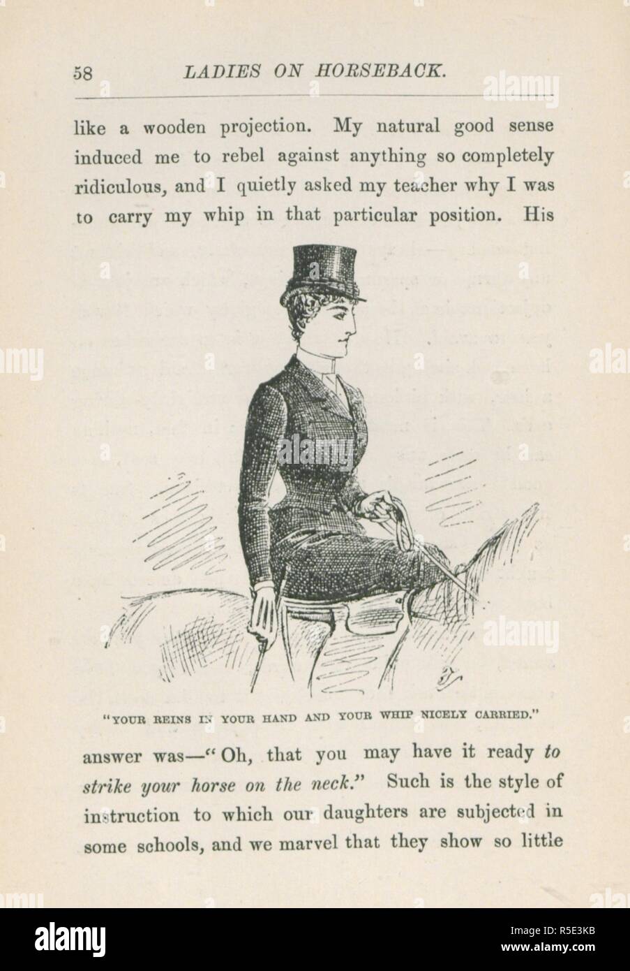 "Die Zügel in der Hand und ihre Peitsche schön durchgeführt.". Eine Abbildung, die zeigt, wie bereit zu sein side Sattel zu reiten. Meine Damen auf dem Rücken der Pferde... 5. Auflage, überarbeitet. London: James Shiells & Co., 1896. Quelle: 1568/4282 auf Seite 58. Autor: O'Donoghue, Nannie Macht, Mrs. Stockfoto