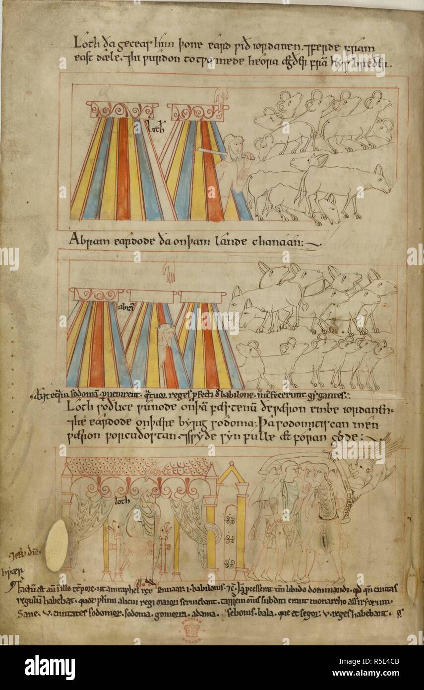 Lot und Abraham. Alte Englische illustrierte Hexateuch. England [Canterbury]; zweite Quartal 11 centu. [Ganze folio] Genesis 13, 11-13. Los fährt mit seinen Herden für die Ebene des Jordan; Abraham bleibt mit seinen Herden im Lande Kanaan, Lot befindet sich in einem Gebäude, außerhalb eines Teufels umschließt eine Gruppe mit einem Blättern Bild aus alten englischen Illustrierten Hexateuch genommen. Ursprünglich/in England [Canterbury] veröffentlicht; im zweiten Viertel des 11. Jahrhunderts. . Quelle: Baumwolle Claudius B.IV, f. 23 v. Sprache: Angelsächsischen. Stockfoto