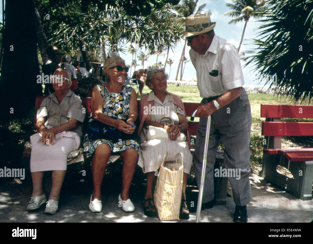 Parkbänke der South Beach von Miami Beach sind beliebte Treffpunkte für Mitglieder der großen Gemeinschaft des Ruhestandes - Miami Beach Ca. 1975 Stockfoto