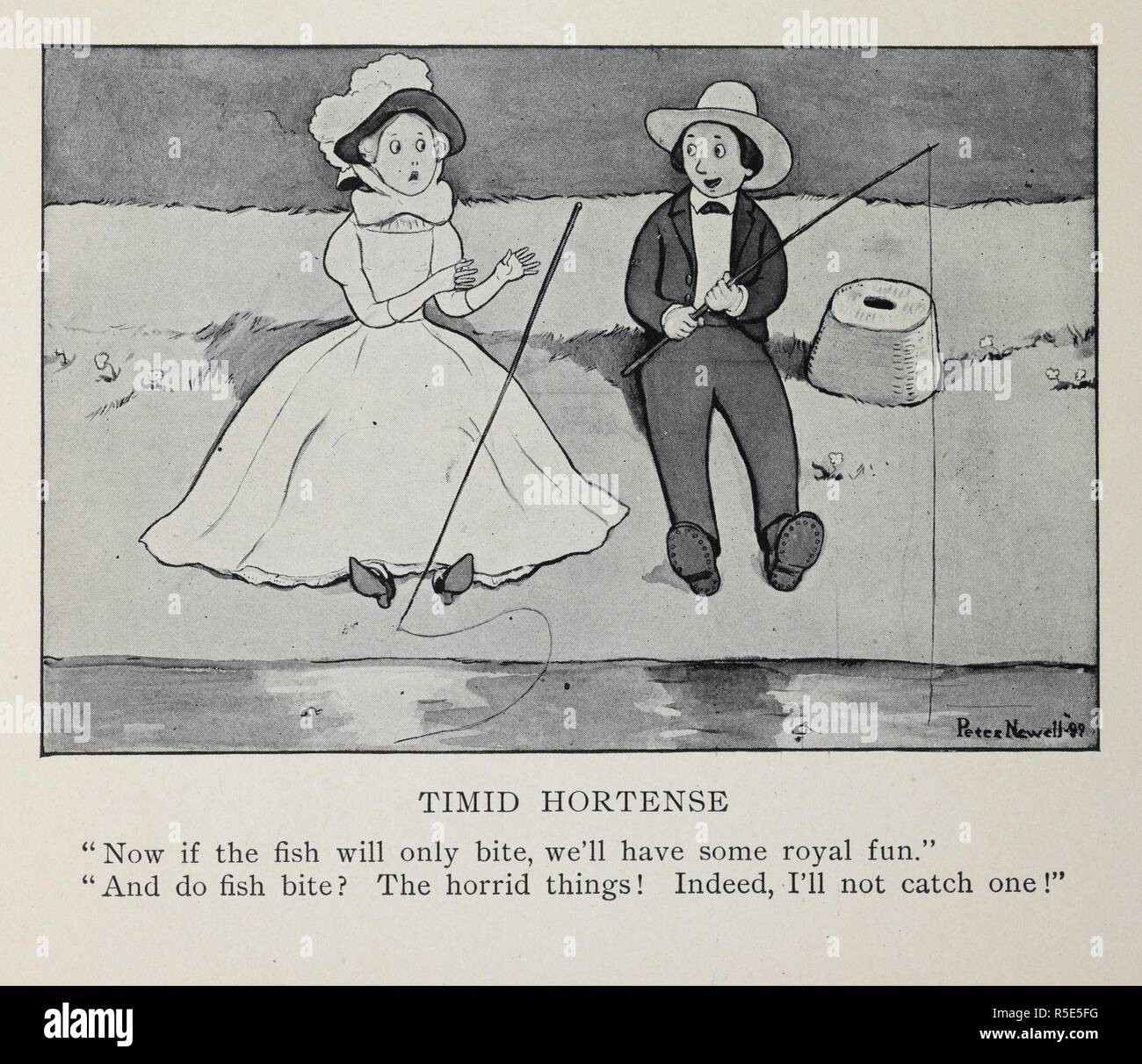 "Schüchterne Hortense'. Ein junger Mann und eine Frau zusammen sitzen, Angeln. Eine Amerikanische humorvoll Cartoon. Peter Newell's Bilder und Reime. New York: Harper & Bros., 1900. Quelle: Yv.1986. a. 403. Stockfoto