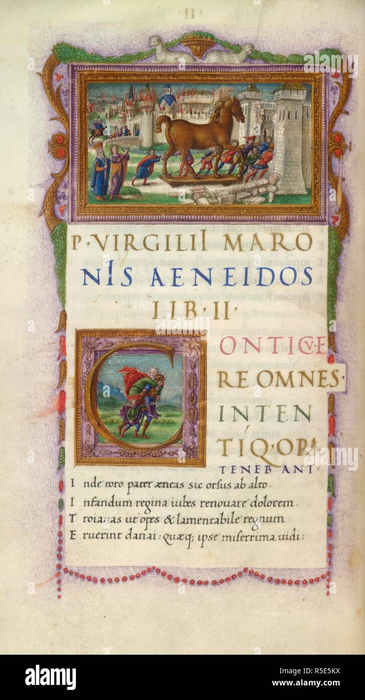 Buch II. Das Trojanische Pferd in den Toren Trojas, und der Stadt brennen. Text mit ersten 'C', Äneas Anchises und führenden Ascanius durchführen. Das Manuskript war vermutlich für Ludovico Agnelli, Bischof von Cosenza produziert. Aeneis. Italien Rom [?]; 1497-1499. Quelle: Könige 24, w.73 v. Sprache: Latein. Stockfoto