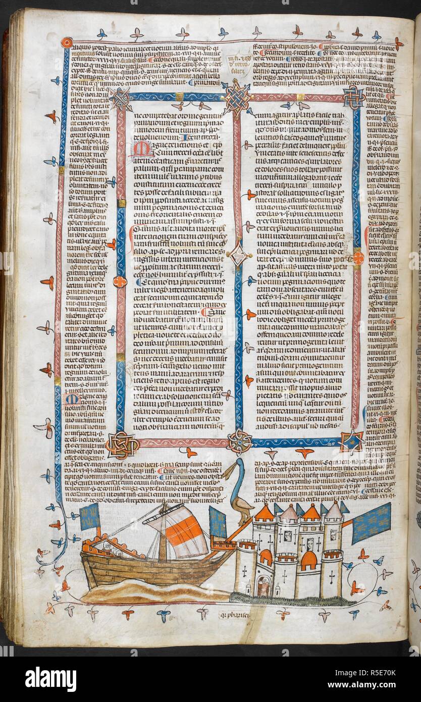 Bas-de-Seite Szene von einem Schloss und einem Schiff. Die Smithfield Decretals. Frankreich, S. (Toulouse?); im letzten Viertel des 13. Jahrhunderts oder 1. Quartal des 14. Jahrhunderts. Quelle: Royal 10 E.IV, w.208 v. Sprache: Latein. Autor: Raymond von PeÃ±afort, Editor. Bernhard von Parma, glossator. Stockfoto