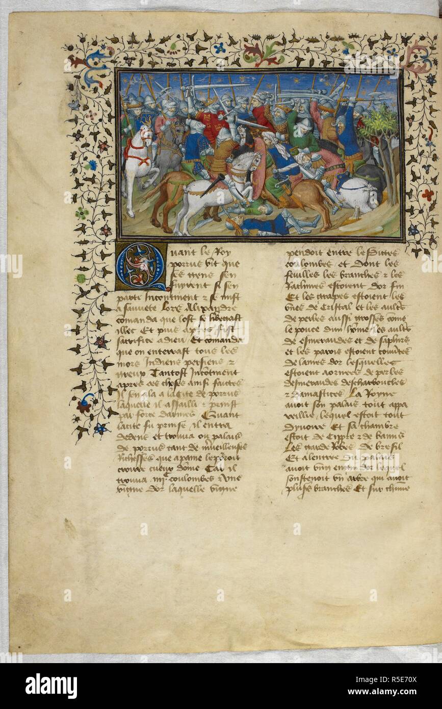 Schlacht von Alexander dem Großen und Porrus. La Vraye Histoire du Bon Roy Alixandre (Alexander Romanze in alten französischen Prosa). Frankreich, Anfang des 15. Jahrhunderts. Quelle: Royal 20B. XX, w.44 v. Sprache: Französisch. Autor: Pseudo-Callisthenes. Stockfoto