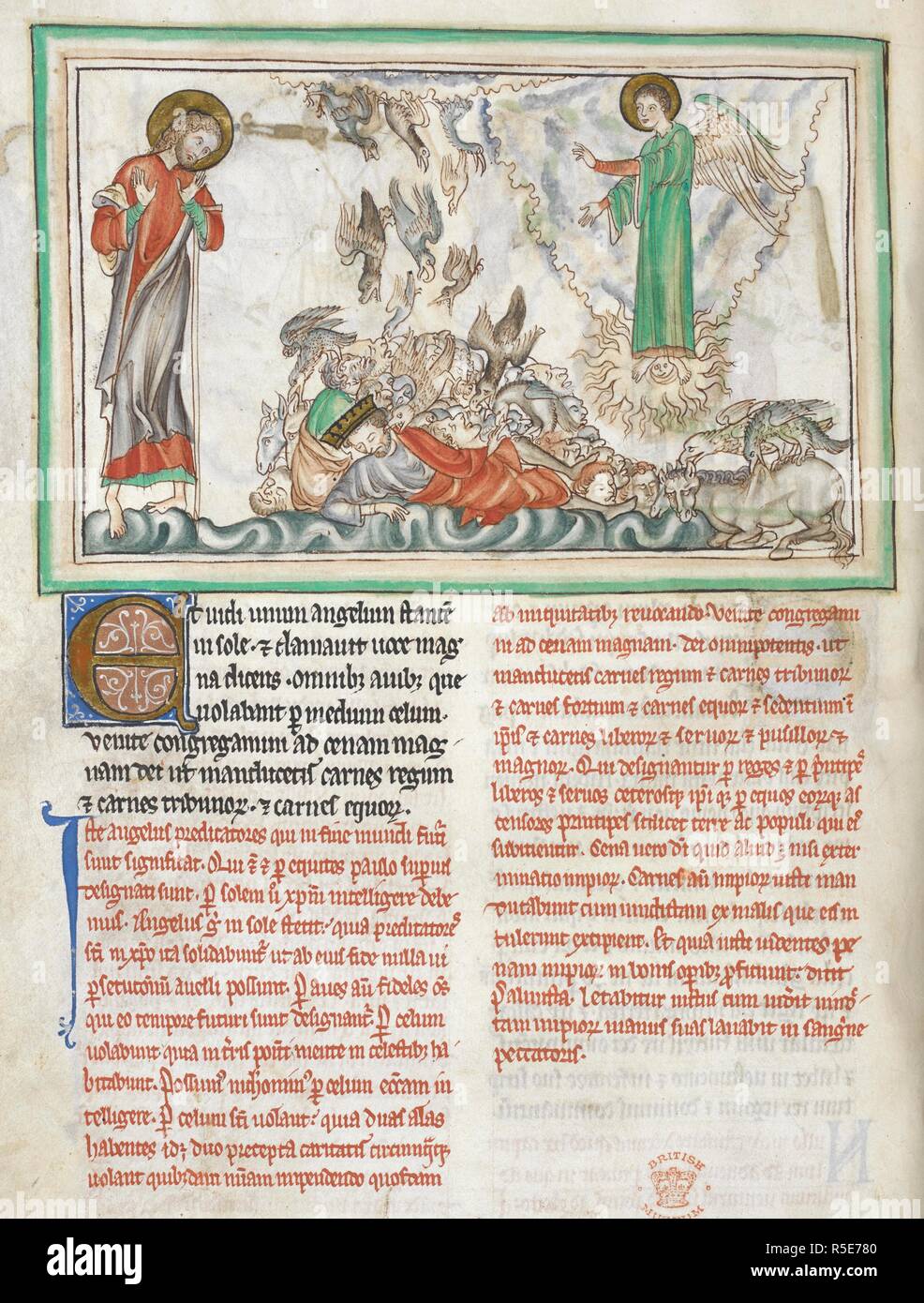 Biblische Szenen aus der Apokalypse des heiligen Johannes. Die Apokalypse, in Lateinamerika, mit der Überschrift "Incipit textus uisionis Prime apocalipsis Beati 26,13 Apostoli'; mit einem Kommentar, beg. "Tempus uideliect itidicii.". Ende des 13. Jahrhunderts. Quelle: Hinzufügen. 35166, w. Sprache: Latein. Stockfoto