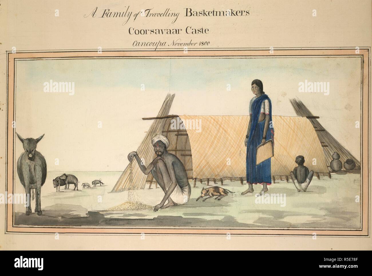 Reisen basketmakers. Album von 82 Zeichnungen, die das Kostüm von Vari. 1800 - 1801. Eine Familie von Reisen, Basketmakers Coorsavaar Kaste, Cancoupa. November 1800. Bild aus dem Album genommen von 82 Zeichnungen, die das Kostüm der verschiedenen Kasten in Balaghat, Carnatic. 1800-01. Ursprünglich veröffentlicht in 1800 - 1801. . Quelle: WD 1069, w.67 (62). Stockfoto