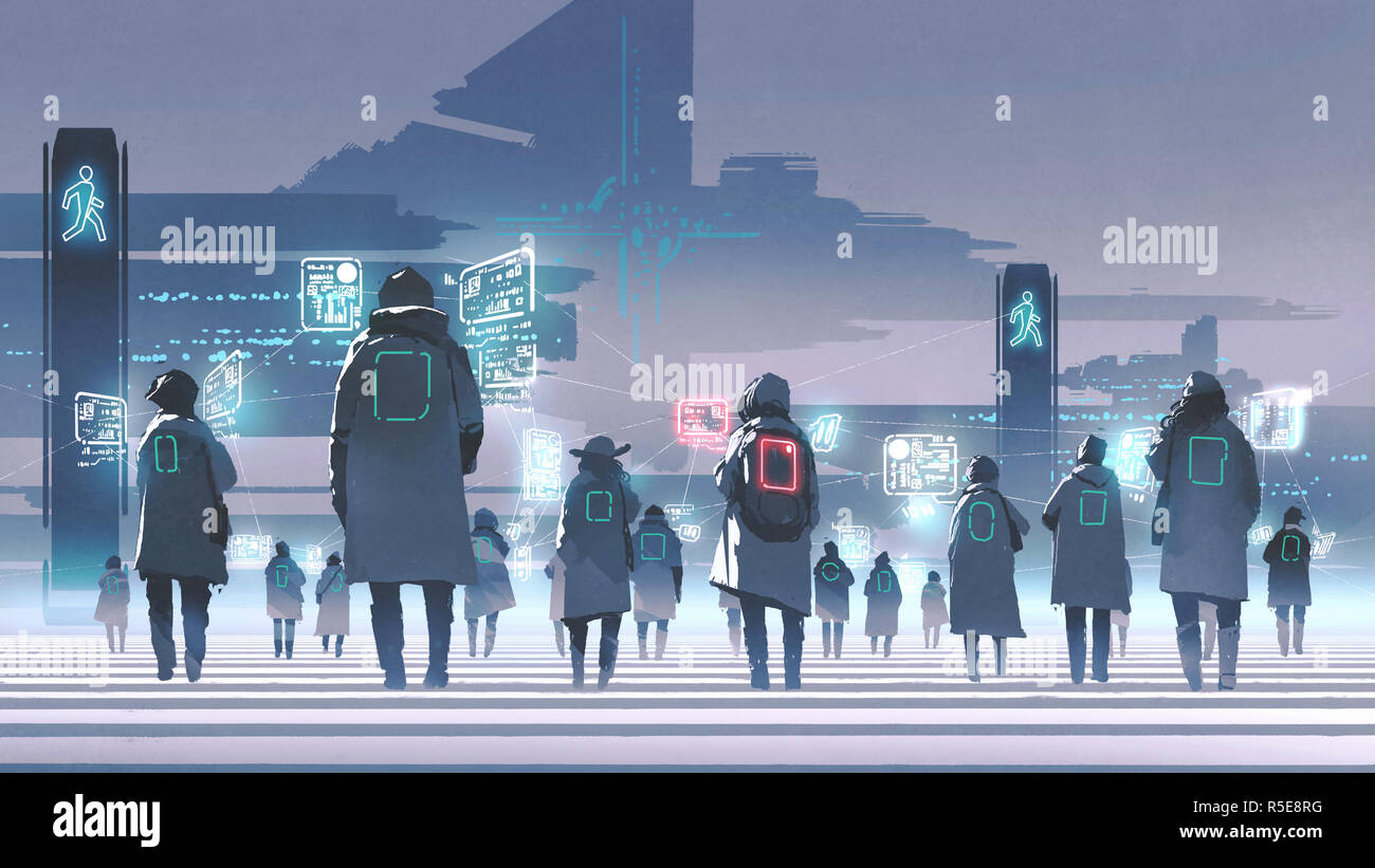 Futuristisches Konzept Masse von Menschen zu Fuß auf Stadt, digital art Stil, Illustration Malerei Stockfoto