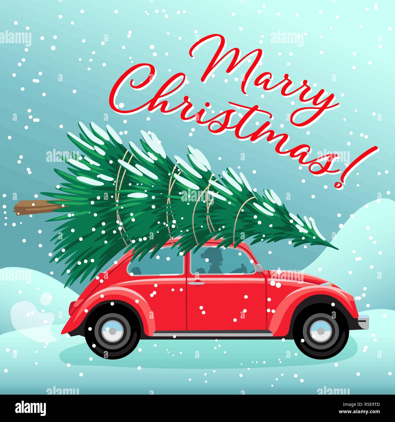 Frohe Weihnachten und guten Rutsch ins Neue Jahr Postkarte oder Poster oder Flyer Vorlage mit rot Retro auto Weihnachtsbaum auf dem Dach. Vintage styled Vector Illustration Stock Vektor