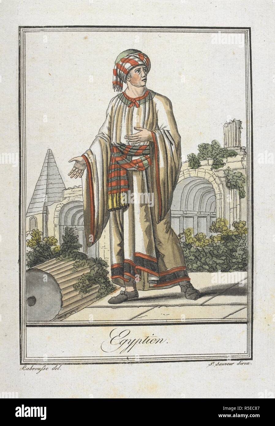 Egyptien. Ein ägyptischer Mann. EncyclopeÌdie des Voyages, Contenant l'abreÌgeÌ Historique de mÅ" Urs ...de tous les peuples et la collection complette de leurs habillemens civils, Militaires, dignitaires religieux et, d'dessineÌs apreÌ € s Natur,... et colorieÌs aÌ € l'Aquarelle. Paris, 1796. Quelle: 1259) b) 13-17, Tom. Afrique. Platte 1. Sprache: Französisch. Autor: GRASSET DE SAINT-SAUVEUR, Jacques. Stockfoto