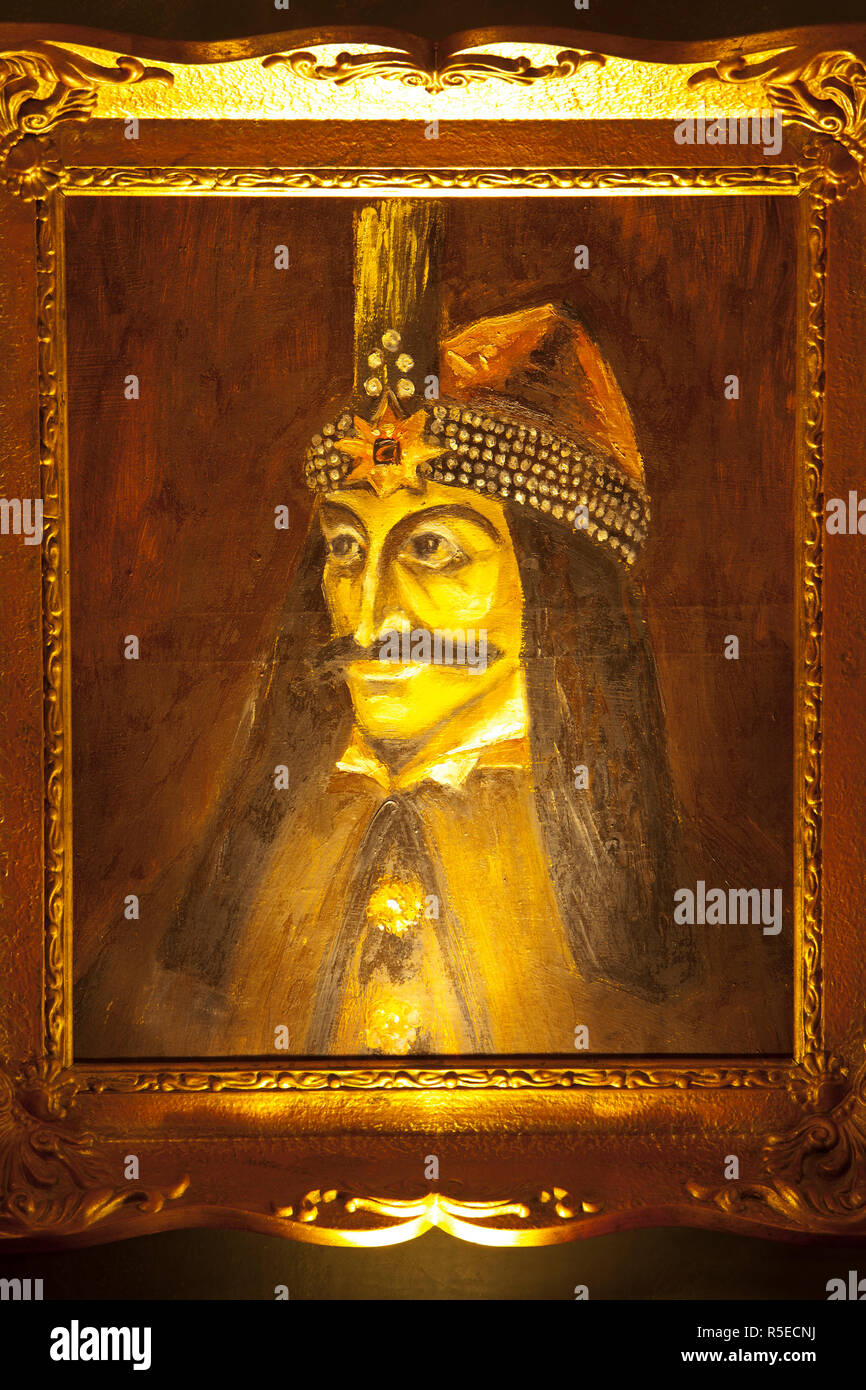 Malerei von Dracula (Vlad der Pfähler) in seine alte Residenz, mittelalterliche Altstadt, Schäßburg, Siebenbürgen, Rumänien Stockfoto