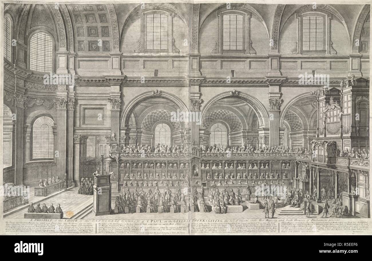 Einem überfüllten Innenraum der Chor von St. Paul's Cathedral, in den Dienst der Danksagung für militärische Erfolge in 1706, in Anwesenheit von Queen Anne und beide Häuser des Parlaments statt. Ein Prospekt der Chor der Kathedrale St. Paul auf der allgemeinen Danksagung zum 31. Dezem. r 1706, Ihrer Majestät und beide Häuser des Parlaments anwesend. c. 1707. Ätzen und Gravur von zwei Platten, beigetreten. Quelle: Karten K. Top. 23.36. b. Sprache: Englisch. Stockfoto