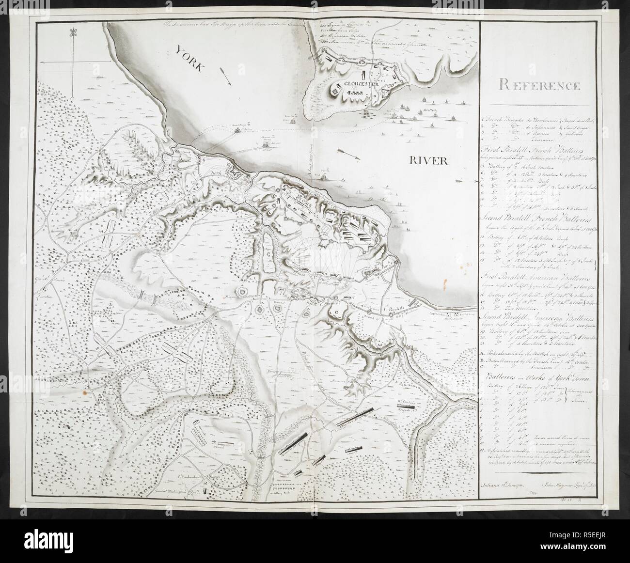 Plan von Yorktown, Disposition von amerikanischen, französischen und britischen Truppen. Von Juliana 12 Juni 1782 & John hoyman, lieut. Als Kopie bezeichnet. Pläne der militärischen Operationen in Nordamerika, etc. 1716-1783. Quelle: Hinzufügen. 15535. Stockfoto