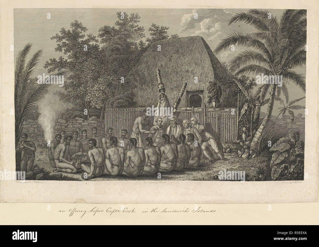 Vor Captain Cook in der Sandwich-Inseln. Von John Webber gezeichnet; die Landschaft Gravur von Samuel Middiman; die Zahlen, die von John Hall. Eine Szene in Hawaii 1778. Hawaiian Männer auf dem Boden um vier europäische Männer sitzen, und Spanferkel. Hinter der Europäer steht eine Figur in einem großen Maske, und im Hintergrund ist ein eingezäunter Gehäuse mit einem steilen Dach strohgedeckten Gebäude. Es gibt Palmen und andere einheimische Vegetation links und rechts. Eine Sammlung von Zeichnungen von A. Buchan, S. Parkinson, und J. F. Miller, in den Ländern, besucht von Kapitän James Cook Stockfoto