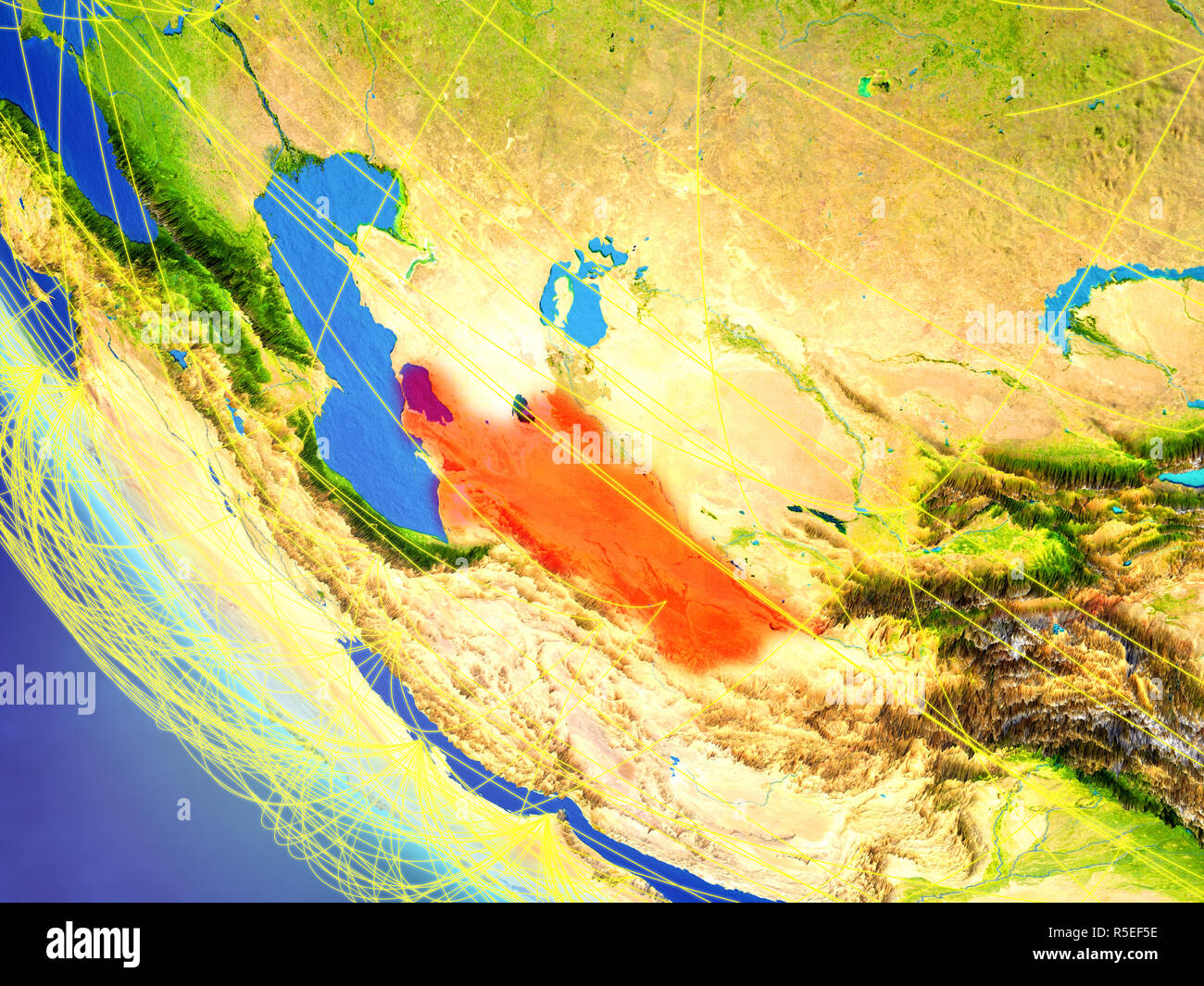 Turkmenistan auf dem Planeten Erde aus dem Weltraum mit Netzwerk. Konzept der internationalen Kommunikation, Technik und Reisen. 3D-Darstellung. Elemente dieser Stockfoto