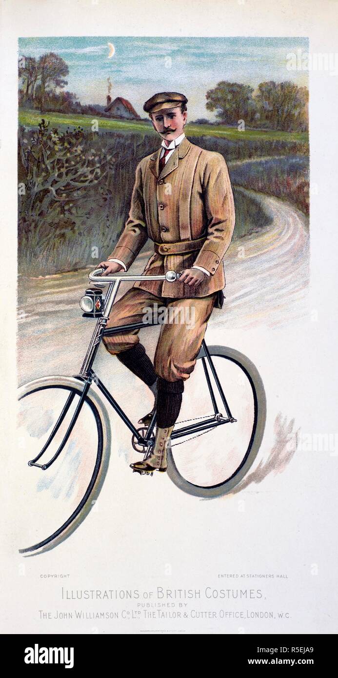 Mann auf einem Fahrrad. Abbildungen der britischen Kostüme. London Art Mode Journal. London, 1900. Quelle: London Art mode Journal, Mai 1900 gegenüber s. 55. Stockfoto
