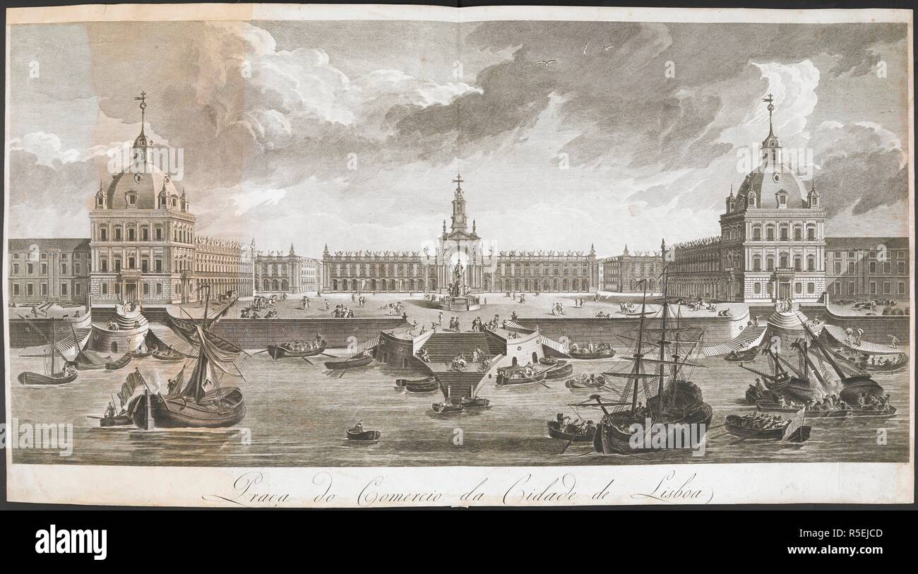 Imaginären Blick auf den Praça do Comercio (Handel) in Lissabon nach dem Erdbeben von 1755, mit den Tagus Fluss im Vordergrund, Segelschiffe in der Nähe des Hafens und Lastkähne nähert sich die Stufen zum Quadrat repariert wird. Segler Entladen von Gütern und Zahlen promenierenden entlang der Uferpromenade und rund um das Reiterstandbild von König Jose ich und die triumphale Torbogen in der Mitte eines monumentalen Fassade in den Hintergrund. Praça do Comercio da Cidade de Lisboa. [Lissabon]: [Herausgeber nicht identifiziert], [um 1775]. Quelle: Karten K. Top. 74.66. e. Sprache: Portugiesisch. Stockfoto