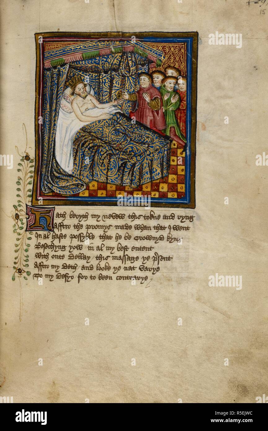 Miniatur der Tod von König Offa, liegen in einem Brocade Himmelbett und einen Ring zu seinem Haushalter, von John Lydgate Leben der Heiligen Edmund und Fremund. Leben der Heiligen Edmund und Fremund. England, S.E. (Bury St Edmunds?); zwischen 1461 und C. 1475. Quelle: Yates Thompson 47, f 15. Sprache: Englisch. Stockfoto