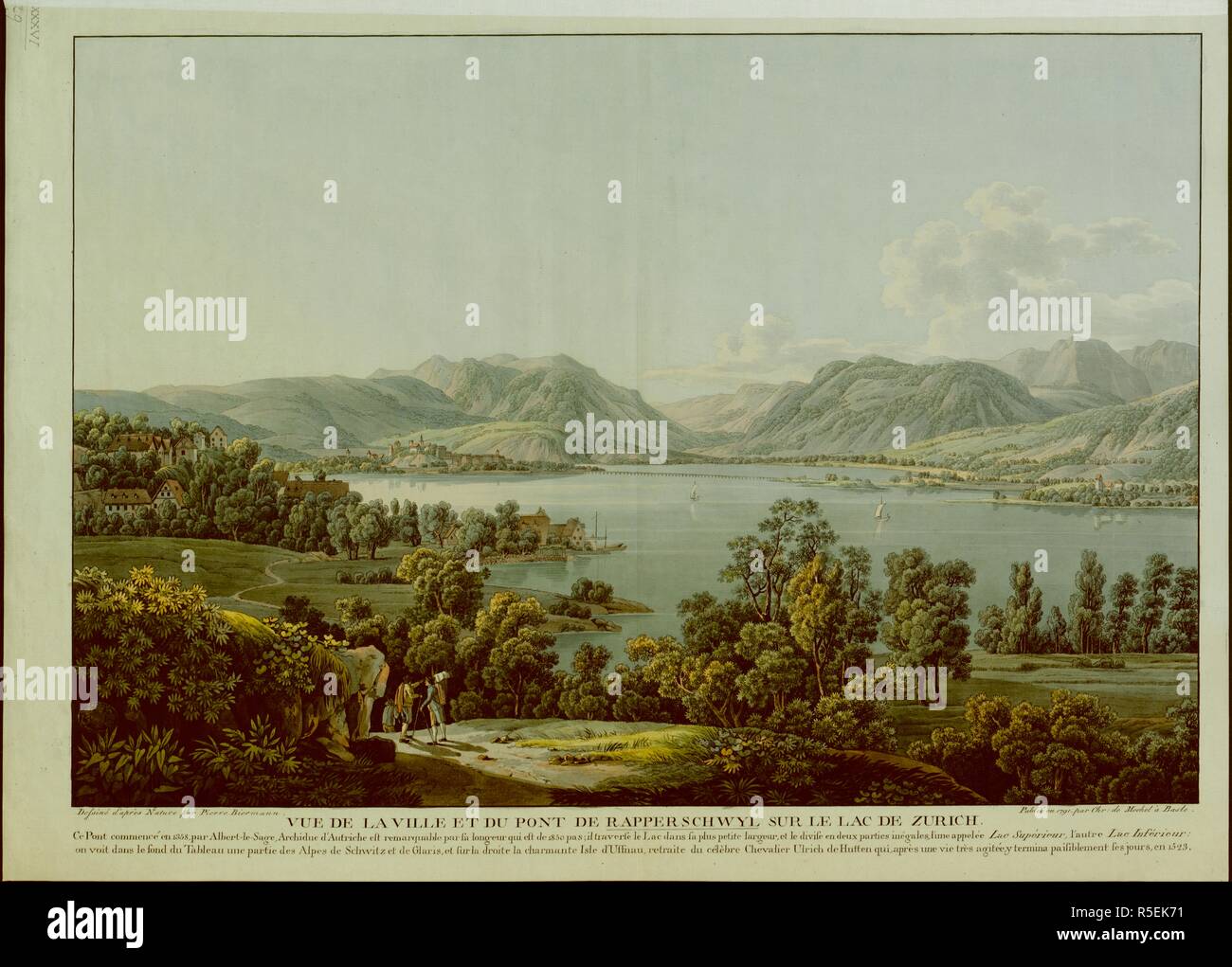 Drei Männer auf einer Straße im Vordergrund, die zu der Stadt Rapperswil in der Entfernung auf der linken Seite gesehen, mit Blick auf den See Zürich und die Alpen im Hintergrund; erläuternde Text unten. . VUE DE LA VILLE ET DU PONT DE RAPPERSCHWYL SUR LE LAC DE ZURICH. /DessinÃ©d'Après-ski Natur par Pierre Biermann. [Basel]: PubliÃ© en 1791 par Chr.de Mechel à Basel, [1791]. 1 Drucken: Handcolorierte Radierung; Blatt 48 x 66 cm (unter Plattenrand geschnitten). Quelle: Karten K. Top. 55.5. Sprache: Französisch. Autor: MECHEL, CHRISTIAN VON. Stockfoto