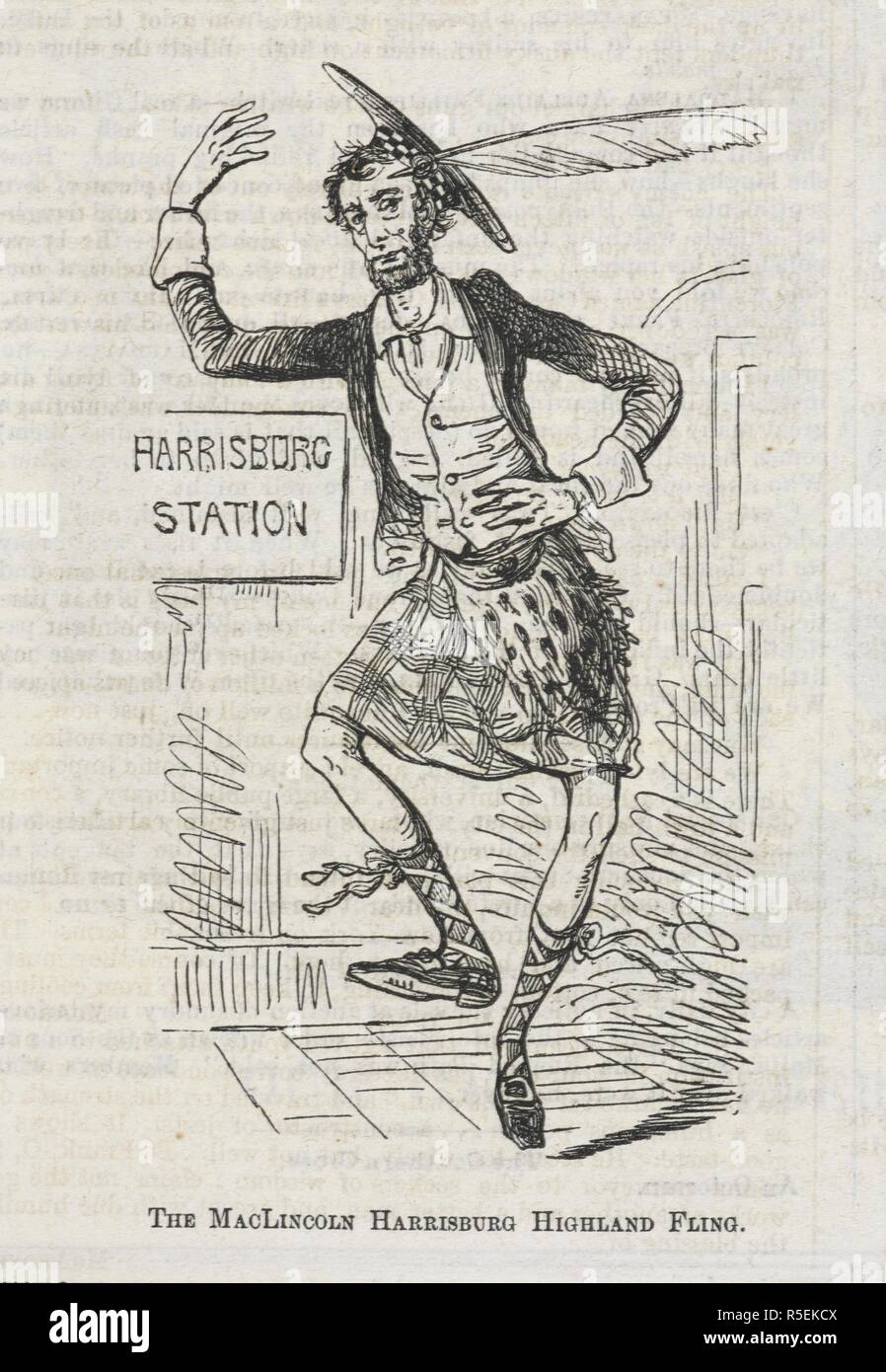 Die MacLincoln Harrisburg Highland Fling." eine Karikatur, die Abraham Lincoln. Die Karikatur mocks Nachtzug Lincoln's Reise von Harrisburg Washington für seinen ersten Antrittsrede. Journalisten berichteten, dass mögliche Ermordung zu entgehen, schlich er in die Hauptstadt Tragen eines schottischen karierte Kappe und eine lange militärische Mantel. Vanity Fair. [Ill.]. 1-169. New York, 9. März 1861. Quelle: S. S. 6392. zb. Seite 113. Stockfoto