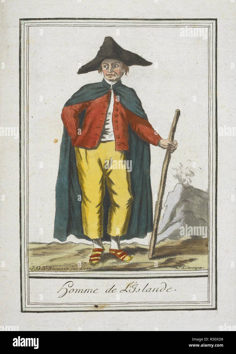 Homme de L'Islande. Ein Mann der Insel. EncyclopeÌdie des Voyages, Contenant l'abreÌgeÌ Historique de mÅ" Urs ...de tous les peuples et la collection complette de leurs habillemens civils, Militaires, dignitaires religieux et, d'dessineÌs apreÌ € s Natur,... et colorieÌs aÌ € l'Aquarelle. Paris, 1796. Quelle: 1259) b) 13-17, tom.2. Sprache: Französisch. Autor: GRASSET DE SAINT-SAUVEUR, Jacques. Stockfoto