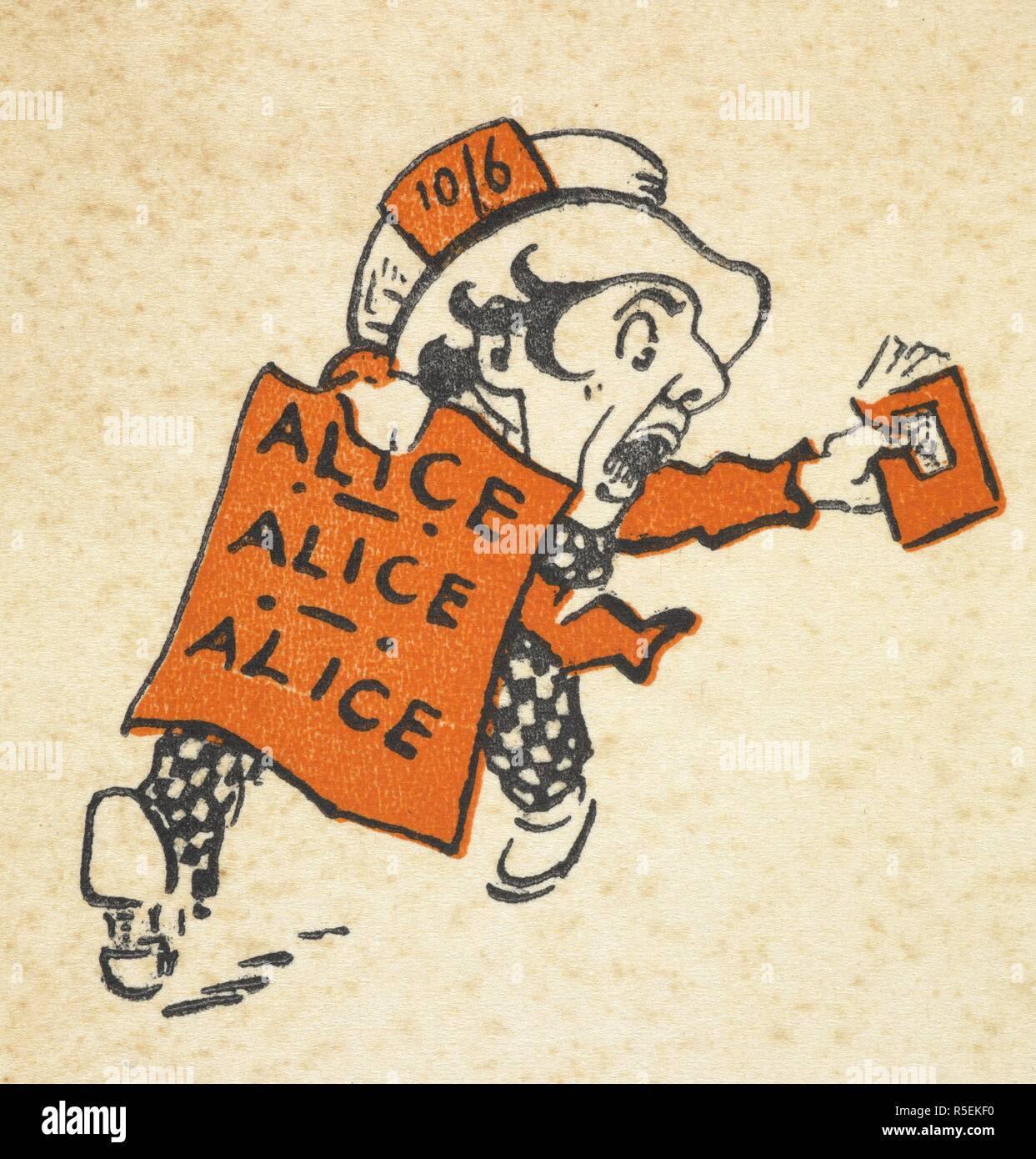 Abbildung des Mad Hatter zusammen mit einem Buch und ein Schild mit der Aufschrift 'Alice Alice Alice' läuft. Alice im Wunderland von Lewis Carroll; von Gwynedd M. Hudson dargestellt. [?] London: Hodder und Stoughton, [1922?]. Quelle: YA.1997.b4119 Rückseite Detail. Stockfoto