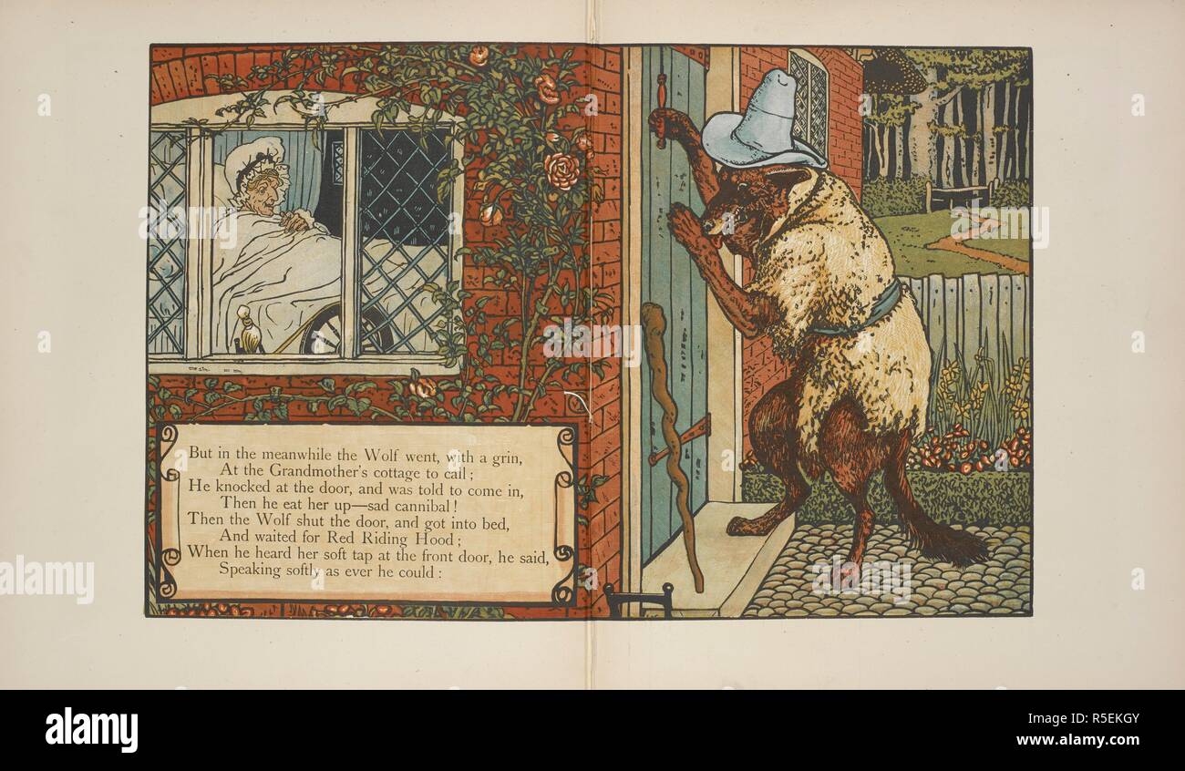 Abbildung: Für "Rotkäppchen". Walter Crane's Bilderbücher. Mit "Rotkäppchen". London: John Lane; Chicago: Stein & Kimball, [1895-98]. Quelle: 12809.w.56, Band 4, Seiten 4-5. Stockfoto