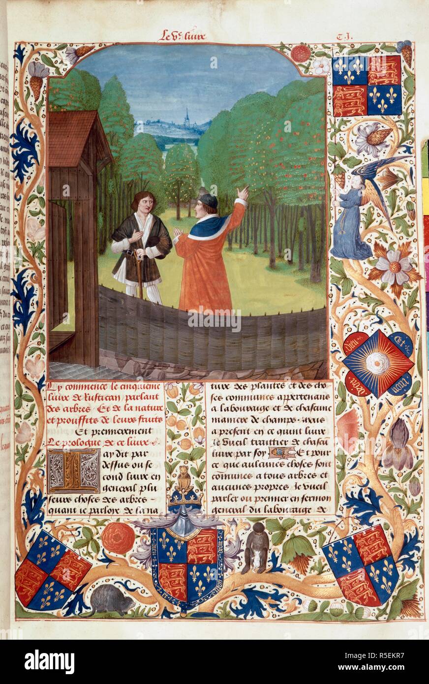 Thema In Einem Obstgarten Rustican Du Cultivement Des Terres Commoda Rura S Niederlande Brugge 1473 14 Ganze Folio Der Autor In Einem Obstgarten Ein Gesprach Mit Einem Mann Mit Einem Spaten Eine Landschaft Beyon