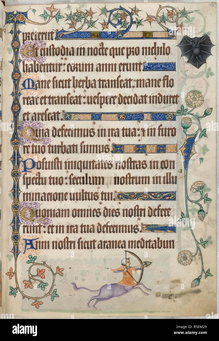Zentaur mit Pfeil und Bogen. Luttrell Psalter. England [East Anglia]; ca. 1325-1335. (Ganze folio) Text; Psalm 89. Rn Dekoration einschließlich einer bat; untere Marge, ein kentaur schiessen mit Pfeil und Bogen Bild von Luttrell Psalter entnommen. Ursprünglich veröffentlicht in England [East Anglia] hergestellt; ca. 1325-1335. . Quelle: Hinzufügen. 42130, f.164. Sprache: Latein. Stockfoto