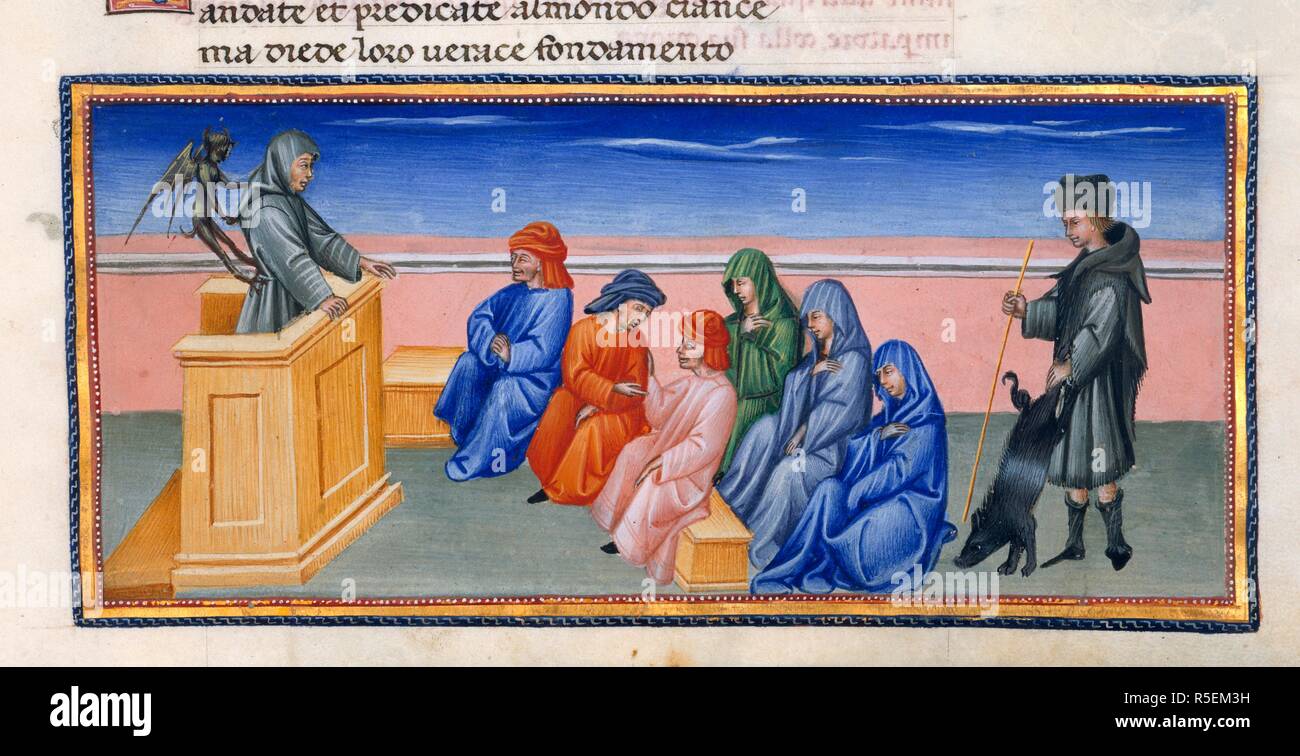 Die heuchlerische Priester. Die göttliche Komödie. Italien [Toskana]; circa 1450. [Miniatur nur] Paradiso, Canto XXIX. Himmel der Primum Mobile. Beatrice Schmähschrift gegen moderne Prediger, die sich verwöhnen lassen ihre Phantasien statt predigen orthodoxe Lehrmeinung. Ein Bruder, Predigt, Gesichter seiner Gemeinde, die nicht in der Lage sind, den Teufel Mönch eingebettet in seine Kapuze zu sehen. Das gemästete Schweine, die vom Landwirt gehalten wird, ist ein Symbol von Gier. Bild von der Göttlichen Komödie. Ursprünglich veröffentlicht in Italien [Toskana] hergestellt; circa 1450. . Quelle: Yates Thompson 36, w.182. Sprache: Italienisch. Autor: DANTE ALIGHIERI. GIOVANNI DI P Stockfoto