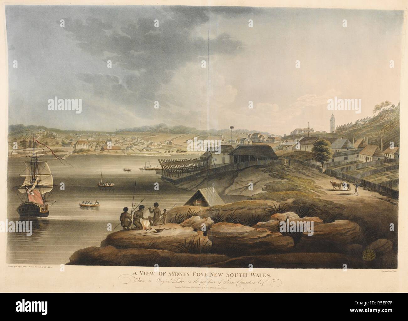 Aborigines sitzen auf den Felsen durch einen Brand im Vordergrund; eine Abbildung mit Vieh nach rechts; einen Hafen und Schiffe an die Linke; eine Stadt auf dem gegenüberliegenden Ufer. Ein Blick auf Sydney Cove NEW SOUTH WALES. London: 10. April 1804 von F. Jukes Nr. 10 Howland Street veröffentlicht., [10 April 1804]. Aquatinta und Ätzen mit hand-Färbung. Quelle: Karten K. Top. 116.63. b) 2. Sprache: Englisch. Stockfoto