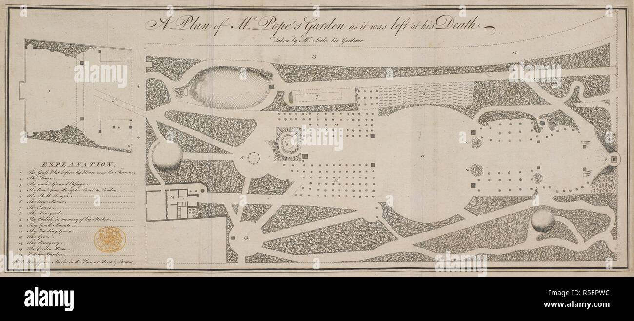 Ein Plan von Herrn Papst's Garden, wie es bei seinem Tod war. Ein Plan von Herrn Papst's Garden, wie es bei seinem Tod verlassen wurde, mit einem Plan und Blick in die Grotte. Alle von J. Serle seine Gärtner genommen. Mit einem Konto aller Edelsteine, Mineralien und Erze, aus denen es sich zusammensetzt..., das zu einem Sonderzeichen aller seiner Schreiben hinzugefügt wird. London: R. Dodsley, 1745. Quelle: 189. Ein.19. Sprache: Englisch. Stockfoto
