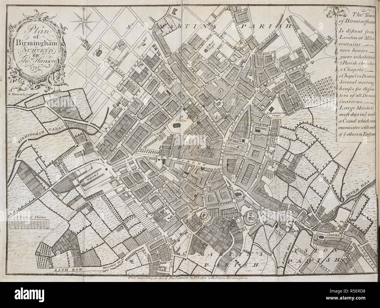Ein Plan von Birmingham, befragt von Thos. Hanson, 1781. Eine Geschichte von Birmingham, etc. Zweite Auflage, mit ... Ergänzungen. Birmingham, 1783. Quelle: 578. c. 14 Karte zwischen Seite 42 und 43. Autor: Hutton, WILLIAM. Stockfoto