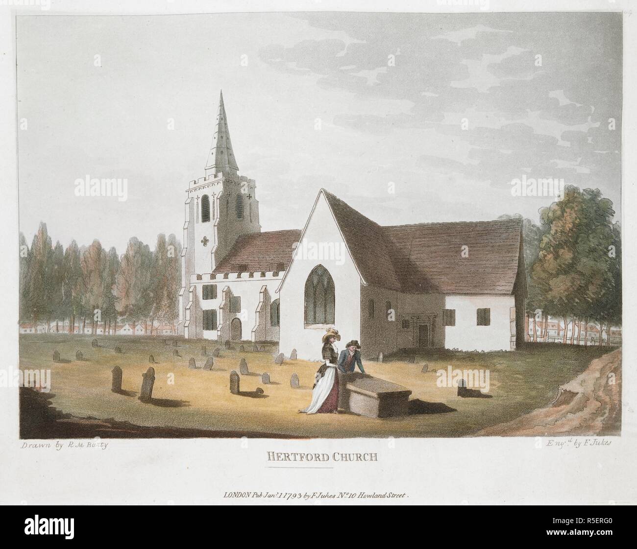 Zahlen Stand von einem Grab auf dem Friedhof der All Saints' Church, Hertford; die Kirche hinter sich. HERTFORD KIRCHE. LONDON: Pub 1 Jan 1793 von F. Jukes Nr. 10 Howland Street., [1. Januar 1793]. Aquatinta und Ätzen mit hand-Färbung. Quelle: Karten K. Top. 15,53. a. Sprache: Englisch. Stockfoto