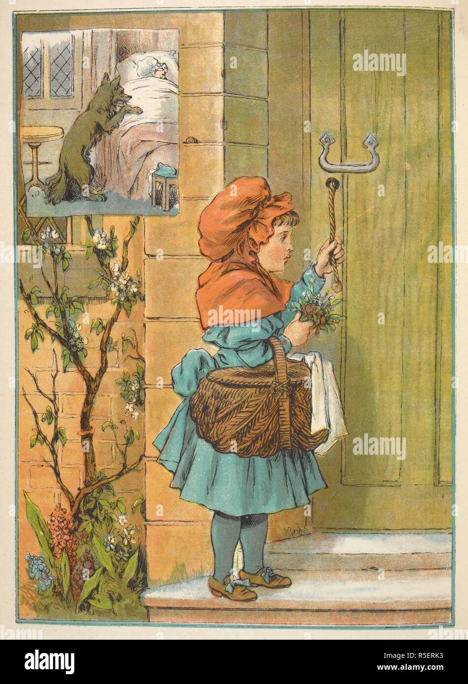 Little Red Riding Hood - klopfen an die Tür zum Haus ihrer Großmutter. Little Red Riding-Haube. London: Frederick Warne & Co., [1883] Emrik und Binger [Printers]. Kinderbücher. Geschichte. Quelle: 12805.l. 45. (16). Stockfoto